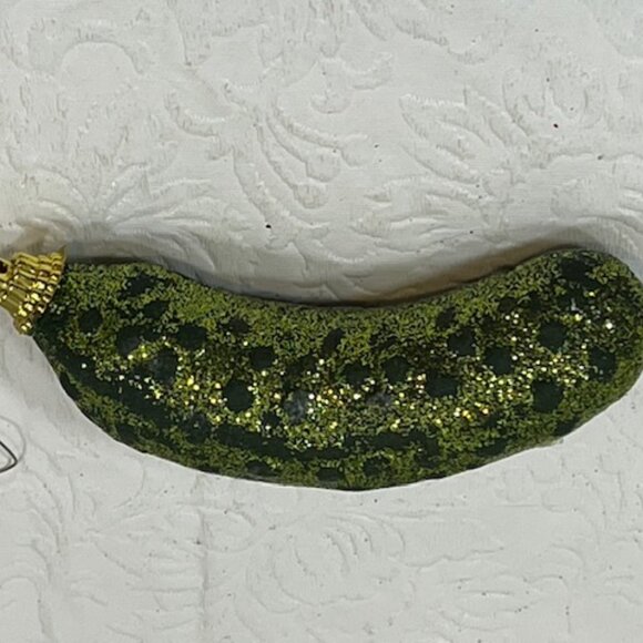 Green Sparkle Pickle Blown Glass Christmas Tree Holiday Ornament 3.75" - Picture 3 of 8